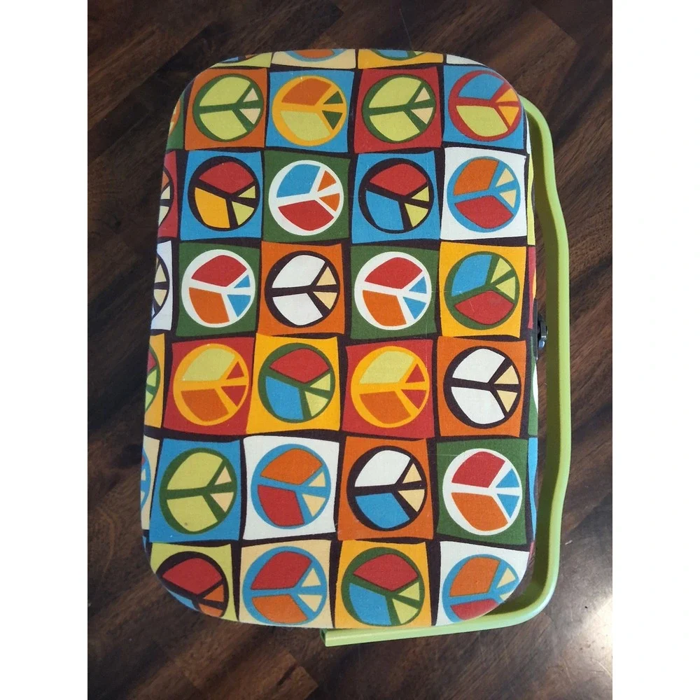 Vintage Style Peace Sign Sewing Basket Organizer Box with Removable Tray Multi
